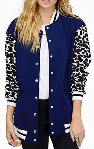 Haody Women's Outdoor Button-up Crew Neck Leopard Motorcycle Jacket XL Blue
