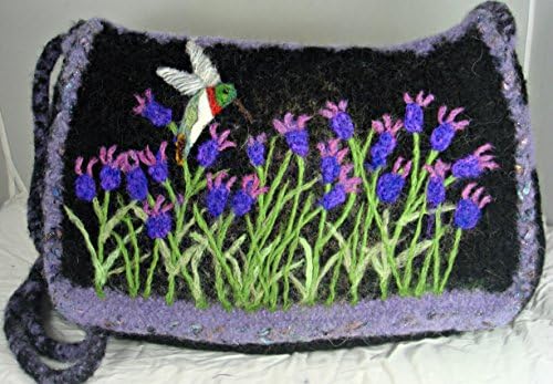 Black Felted Purse, Felted Messenger Bag, Felted Handbag, Lavender Art, Hummingbird Art, Needle felt Hummer