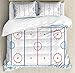Ambesonne Hockey Duvet Cover Set, Ice Hockey Field in Blue Tones and Red Graphic Outline for Sport Events, Decorative 3 Piece Bedding Set with 2 Pillow Shams, Queen Size, Pale Blue
