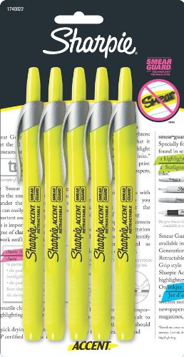 Sharpie Accent Pen-Style Retractable Highlighters, 5 Fluorescent Yellow Highlighters (1740822)