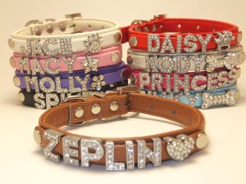 Personalized Custom Fashion Leather Classic Dog Cat Collar Swarovski Crystal Rhinestone Letters Plus Free Charm Black, Hot Pink, Purple, Baby Blue, White, Red, Brown, Silver, Pink Size Xtra Small and Small (Brown, XS)