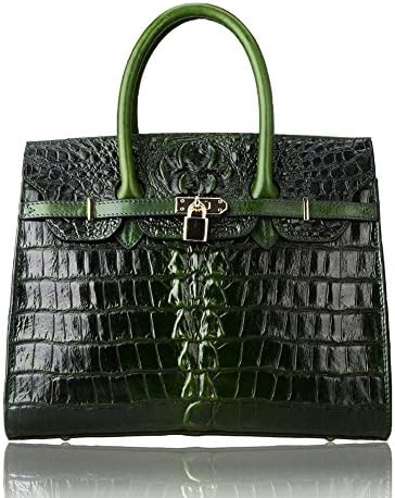 Fengyaqiandai Womens Classic Genuine Embossed Crocodile Leather Purse Ladies Handbags Top-handle-bags 22130 Tail Green Croc