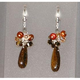 Bronzite, Freshwater Pearl and Swarovski Crystal Cluster Earrings