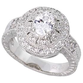 Sterling Silver Vintage Style Engagement Ring, w/ a 7 x 5 mm (.75 ct) Oval CZ Stone, 9/16" (15mm) wide, size 6: Jewelry