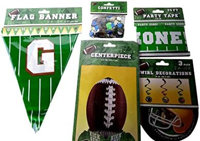 Football Birthday Tailgating Superbowl Party Decor Bundle Set of five (5) items - Centerpiece, Flag Banner, Party Zone Tape, Confetti &amp; Swirl Decorations