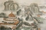 Chinese Sumi Art Brush Painting - Palace in Limestone Mountains - Watercolor Ink on Rice Paper