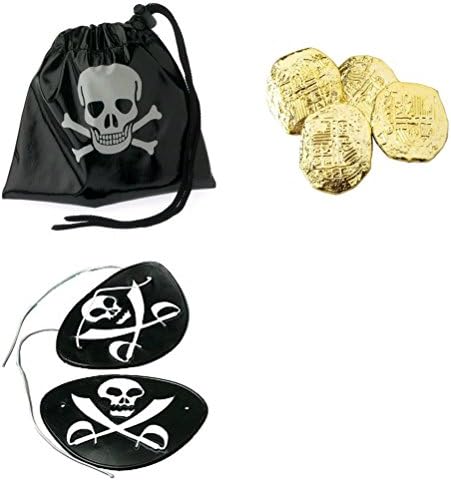 12 Pirate Booty Pouches, Ancient Pirate Coins (72 Pieces), and 12 Pirate Eye Patches