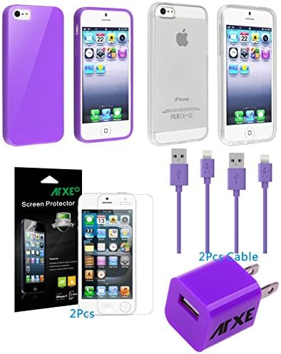 ATXE 2pcs TPU Rubber Skin Case Compatible for Apple iPhone 5 5S + Wall charger+2 data cable+2 Screen Protect for iPhone 5 / 5S