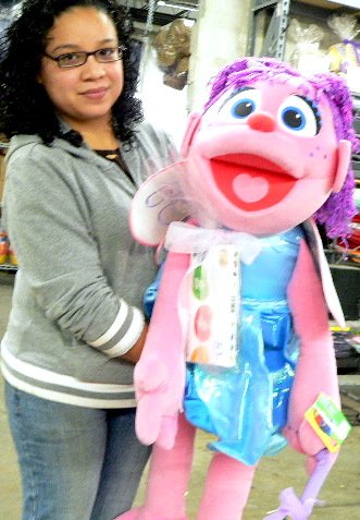 UNIQUE 3 and 1/2-Feet-Tall SESAME STREET STUFFED ABBY CADABBY PLUSH DOLL BRINGS HER OWN SNACK! 1/4-POUND BOX OF GIFT-WRAPPED JELLYBELLY JELLY BEANS ATTACHED TO BOW AROUND NECK