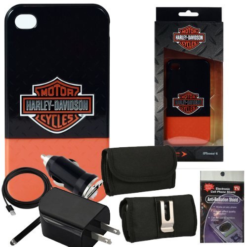 Harley Davidson Black and Orange Cover 07181 for iPhone 4s, 4. Comes with 3ft Charging Cable, USB Car Charger, USB House Charger, Metal Clip Horizontal Velcro Case with Belt Loop, Stylus Pen and Radiation Shield.