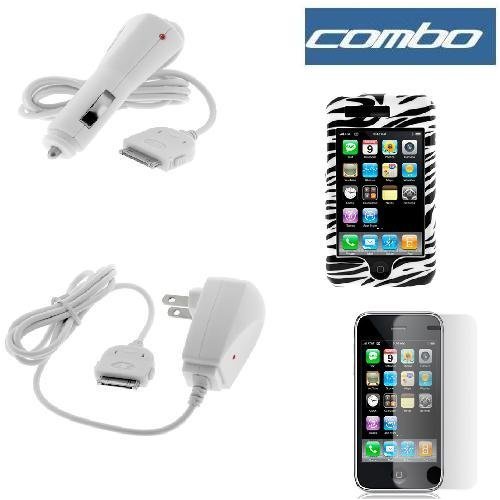Zebra Skin Black and White Stripes Snap-On Hard Crystal Cover Case + Rapid Car Charger + Home Travel Charger + Clear Reusable LCD Screen Protector for Apple iPhone 3G 2nd Generation Smartphone