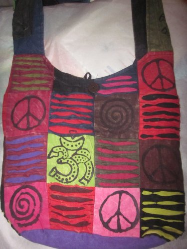 Hobo Hippie Ripped Razor Cut Stone Wash Peace Sign Shoulder Sling Crossdody Monk Bag Purse Nepal