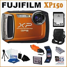 FujiFilm Finepix XP150 2.7in LCD Digital Camera Orange + 16GB Memory Card + Well Padded Digital Camera Carrying Case with Pocket and Strap + Memory Card 3 Pocket Storage Case + Accessory Kit