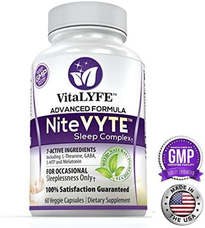 NiteVYTE Advanced Sleep Aid + Stress Relief Formula, Premium All-Natural Ingredients Including: 5-HTP, GABA, Melatonin & L-Theanine, Made in USA, Made in USA, 1-month supply (60 Capsules)