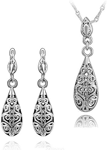 Hitaocity 18k White Gold Plated Special Designed Hollow out Teardrop Necklace and Earring Sets