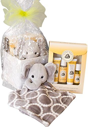 Best Baby Gift Basket Burt's Bees Five (5) Piece Getting Started Kit and Elephant Security Blanket Lovey in an IKEA Reusable Drawer Organizer