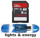8GB SDHC SD 8 GB Sandisk Ultra Speicherkarte für Samsung HMX-H200/HMX-H300/SMX-C20/SMX-F40/SMX-F400/HMX-E10/HMX-U20/Canon LEGRIA FS 306 DVC/HF M306 AVCHD/HF S20 AVCHD/HF R16 AVCHD/Kodak PlaySport Waterproof Pocket/Zi8 Pocket/Zx5 PlaySport/Sony HDR-CX130EB/HDR-XR550VEB/HDR-CX305EB/HDR-CX130ES/DCR-SX85ES SD/HDR-CX115EL/Aiptek AHD A100/3D i2 HD/AHD H350/AHD Z700/H5extreme/AHD H250/GoPro HD Helmet HERO Set/Motorsports HERO Set/Panasonic HDC-SD80EG-T/HDC-SD800EGK/HDC-TM900EGK/HDC-SD40EG-W/SDR-T70EG-K/HDC-SD909EGK/HDC-SD99EG-K/JVC GZ-HM 330 SEU/GZ-HM440REU/GZ-HM 330 BEU/Toshiba Camileo X100 + Lights and Energy Micro USB SDHC Reader