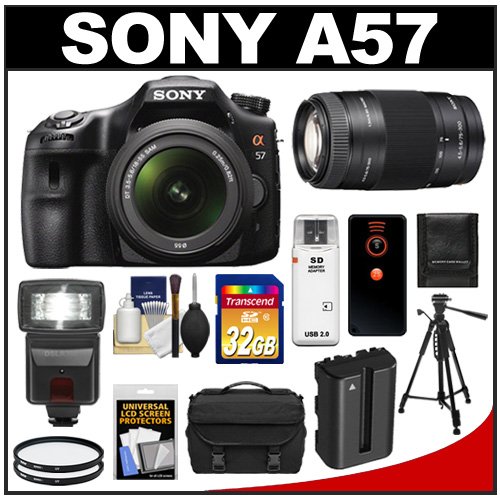 Sony Alpha SLT-A57 Translucent Mirror Technology Digital SLR Camera Body & 18-55mm Lens with 75-300mm Lens + 32GB Card + Flash + Battery + Filters + Case + Tripod + Remote + Accessory Kit