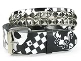SNAP ON ART WORK SKULL & CROSS BONE TATOO PRINT PUNK ROCK STAR SILVER STUDDED LEATHER BELT