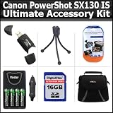 Ultimate Accessory Kit For Canon PowerShot SX130 IS SX130IS Digital Camera Includes 16GB High Speed SD Memory card + USB 2.0 High Speed Card Reader + 4AA High Capacity Rechargeable NIMH Batteries And A/c D/c Rapid Charger + Deluxe Carrying Case + LCD Scr