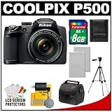 Nikon Coolpix P500 12.1 MP Digital Camera (Black) with 8GB Card + (2) Batteries + Case + Tripod + Cleaning Kit