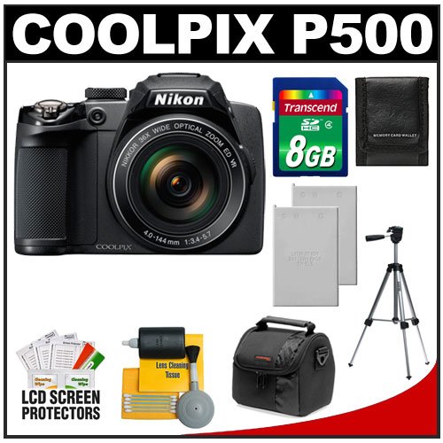 Nikon Coolpix P500 12.1 MP Digital Camera (Black) with 8GB Card + (2) Batteries + Case + Tripod + Cleaning Kit