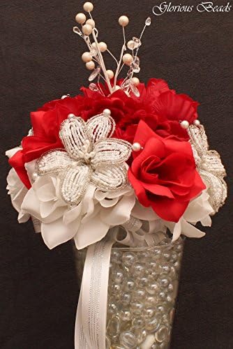 Red Beaded Lily Wedding BRIDAL Bouquet ~ Red and White with Peonies and Roses. Unique French beaded flowers and beaded sprays ~ Can also be used for centerpiece or ceremony flowers!