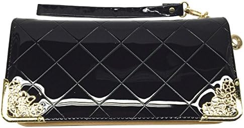 [KIREI obsession] Women's, Long Wallet with Smartphone Storage, Diamond Cross Pattern, Patent Leather (PU), Round Zip, Strap, Purse, Clutch, Wristlet [BLACK]