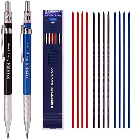 Toctoc Premium 2.0 mm Lead Holder Pen Mechanical Pencil for Draft Drawing,Carpenter,Crafting, Art Sketching Sharpener (Pack of 2 Pencils) + (2.0 mm 1 Tube-Red 4+Blue 4 + Black 4=12)