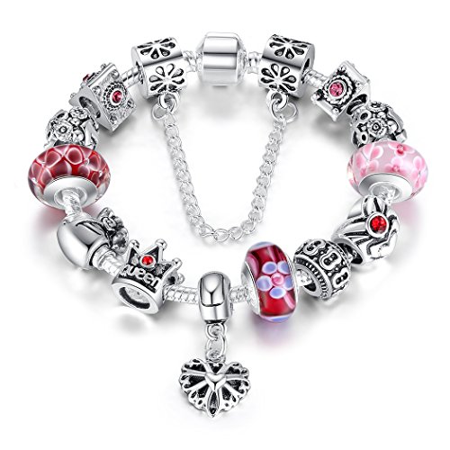 Bamoer Queen European Style Pink and Red Snow Murano Glass Bead Heart Dangle Snake Chain Charm Bracelet Jewelry 18cm/20cm/21cm