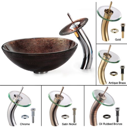 Kraus C-GV-580-12mm-10SN Copper Illusion Glass Vessel Sink and Waterfall Faucet, Satin Nickel