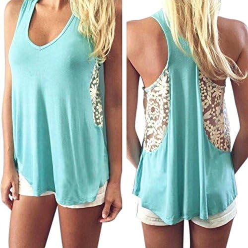 NOMENI Women Summer Lace Vest T Shirt Casual Tank Tops (L, Blue)