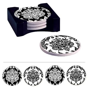 Absorbent Coaster Set w/Caddy, Black & White Felicia