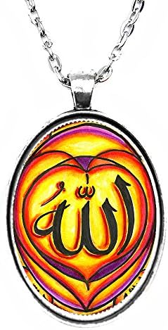 Allah Red Yellow Magenta Huge 30x40mm Handmade Silver Plated Art Pendant
