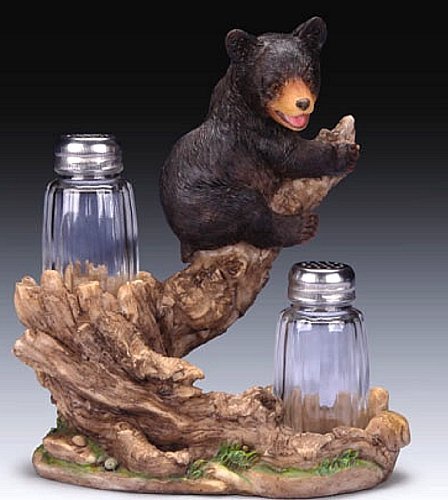 Grizzly Black Bear Cub on Tree Limb with Salt and Pepper Shaker Set
