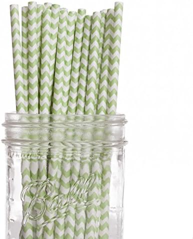 50 PACK: RediGreen Green Chevron on White Biodegradable Paper Straws