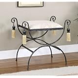 Upholstered Vanity Bench with Tasseled Corners in Black and Pewter Finish