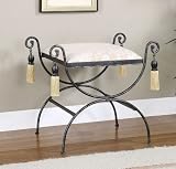 Upholstered Vanity Bench with Tasseled Corners in Black and Pewter Finish