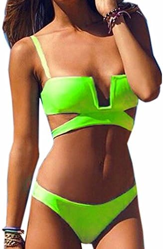 Cologn Womens Solid Green Straps 2 Pcs Push up Bikini Set Swimwear Bathing Suit