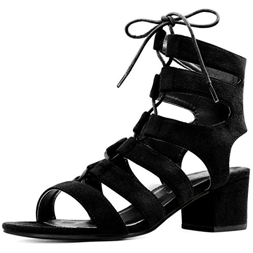 Allegra K Women Open Toe Cutout Chunky Heel Lace-Up Sandals