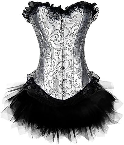 Women's Fashion Overbust Lace up Mini Skirt Tutu Dress Set Corset Top Plus Size S-6xl (2XL, Silver)