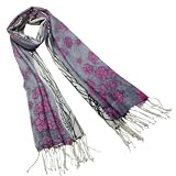 100% Pashmina/Cashmere Pink Flower Flowing River Tassel Ends Long Scarf Shawl