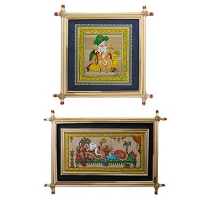 Set of 2 Framed Ganesh Paintings with Blue Border