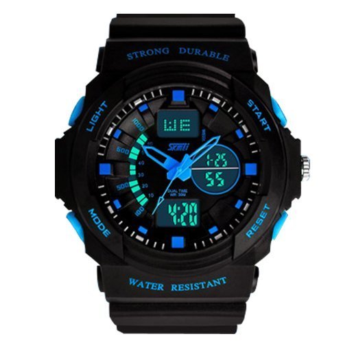 SMK Fashion Led Light Calendar Waterproof&shockproof Men Digital Electronic Outdoor Wrist Sport Watch-4 LED Colors (Blue) (With Black Stell Case)