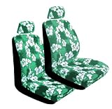 Set of 2 Universal Fit Hawaiian Low Back Front Bucket Seat Cover With Separate Headrest Cover for Seats - Green Hawaii Hibiscus Floral Print