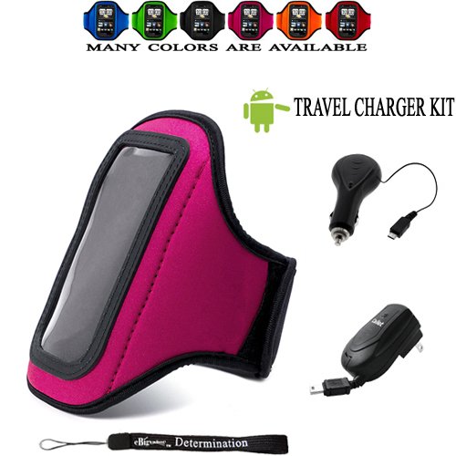 Magenta Comfy Sport band / Workout Armband Adjustable Neoprene Velcro Strap For Samsung Droid Charge Smartphone Power by Android + Includes an Anti Glare Screen Protector Guard ( Travel Charger Kit Includes: Home Charger with Foldable Prongs Blades Plus a