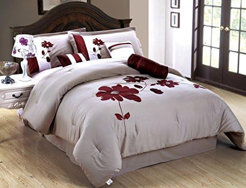 Homehug® 7pc Polyester Short Brushed Comforter Set Huge Flower Embroidered Pattern Color Khaki (King Size)