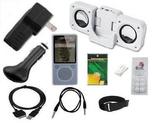 10 items Premium Accessory Bundle Combo for Microsoft Zune 4GB / 8GB / 16GB Series MP3 Player: Clear/White Silicone Skin Case Cover, USB 2in1 Data Sync Cable, Universal USB Car Charger, Universal USB Wall / Travel / AC Adapter Charger, 3.5mm Auxiliary Cable, Belt Clip, Armband, Earbud Caps (come with 3 different sizes), Portable Foldable Speaker Dock, and a Screen Protector with cleaning cloth