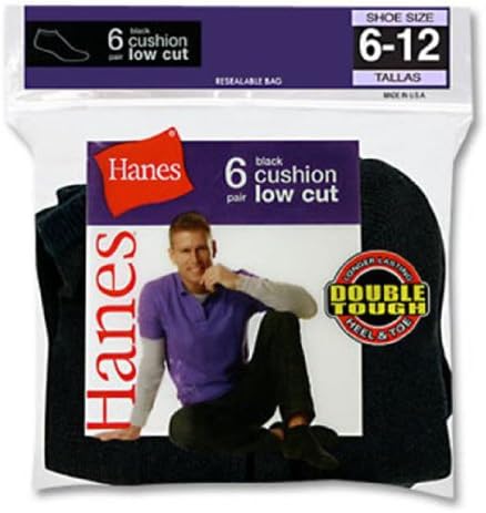 Men's Hanes Double Tough Full Cushion Black Low Cut Socks-Value 6Pack