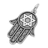925 Sterling Silver Hamsa Hand with Star of David Pendant